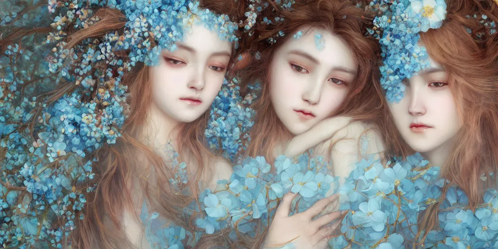 Image similar to breathtaking detailed concept art painting of two hugs goddesses of light blue flowers, carroty hair, orthodox saint, with anxious piercing eyes, ornate background, amalgamation of leaves and flowers, by hsiao - ron cheng, extremely moody lighting, 8 k