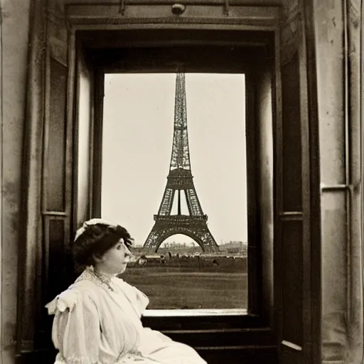 Image similar to a young edwardian woman sits in a window overlooking paris with the eiffel tower visible in the background, the moon is behind the eiffel tower