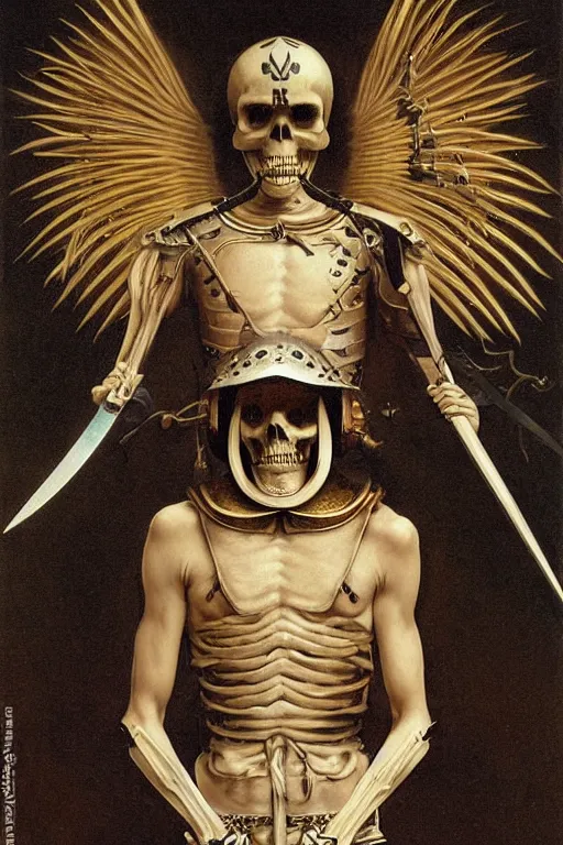 Image similar to portrait of a skeleton archer wearing samurai helmets and armor with wings, with big sword, symmetrical, solemn, sacred, aura, by bouguereau