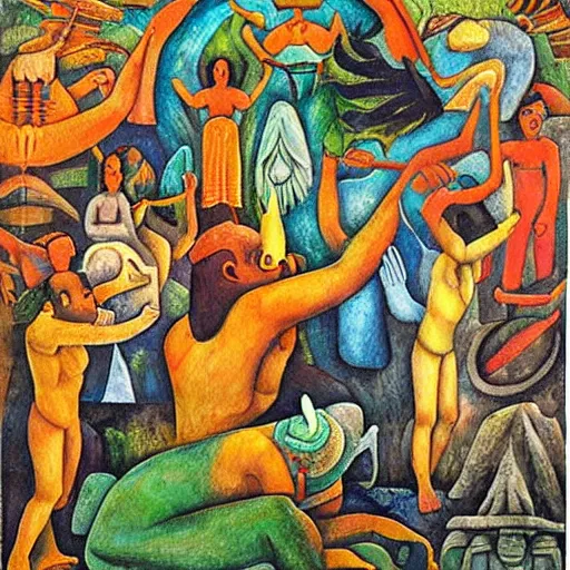 Prompt: Mayan creation story, vivid colors, by Diego Rivera