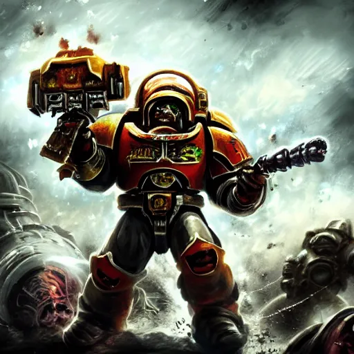 Image similar to space marine fight with a big ork, warhammer 4 0 0 0 0, warhammer 4 0 k, trending on art station, dark, post - apocaliptyic, emotional, digital art