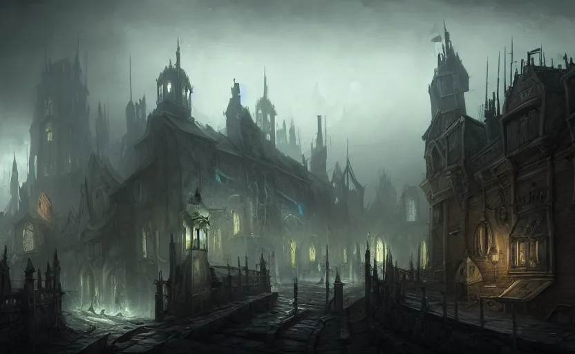 Image similar to extreme long shot concept art depicted old english majestic town, dramatic mood, overcast mood, dark fantasy environment, detailpunk, art inspired by league of legends and arcane, style by paulus decker, jason engle, jordan grimmer, trending on artstation, unreal engine, golden ratio, spectacular composition, realistic architecture
