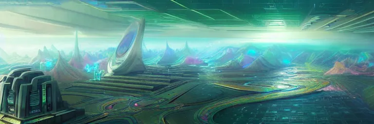 Image similar to a sprawling cybernetic temple, a large hi - tech city, and a river surrounded by fractal mountains, volumetric clouds, cybernetic faces, vaporwave aesthetic, colorful, psychedelic, digital painting, artstation, concept art, smooth, sharp focus, illustration, art by artgerm and greg rutkowski and alphonse mucha