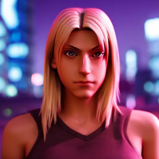 Image similar to Annie Leonhart in a neon city, octane render 8k, atmospheric render, beautiful face