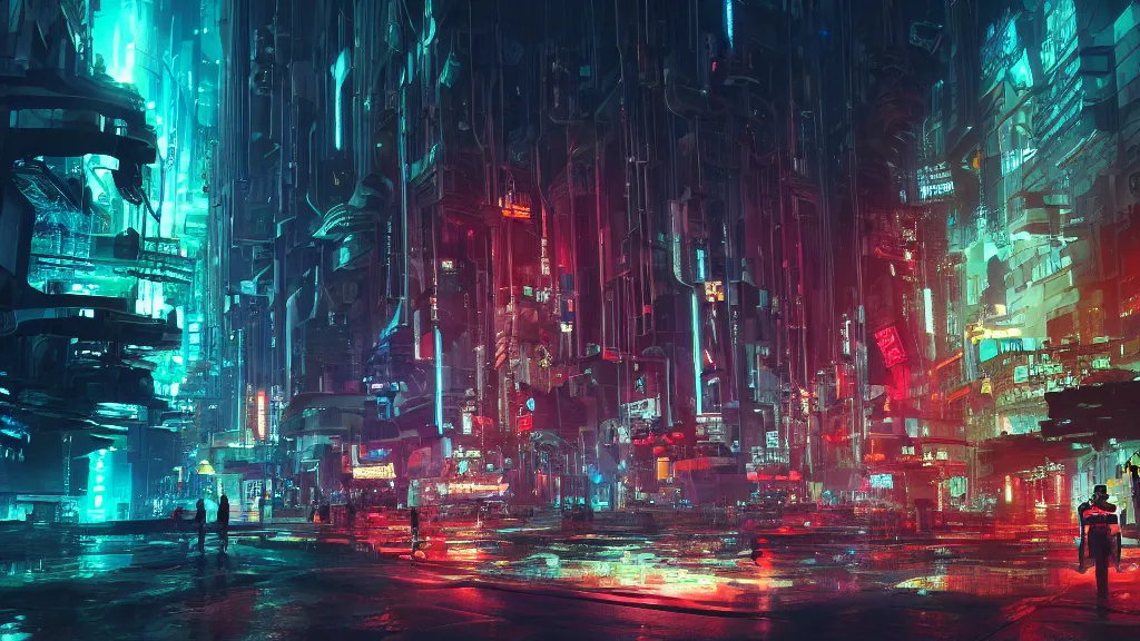 Image similar to immersed in cyberpunk city built underwater, submerged, nighttime, fluorescent led, concept art, cinematic, volumetric lighting, futuristic,, hyperrealistic, highly detailed, colourful 4 k hd