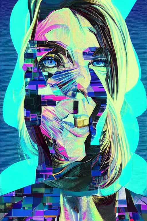 Image similar to wideangle portrait, digital painting, an beautiful, crazy hacker girl, madness, decoherence, synthwave, glitch!!, fractured reality, refraction, realistic, hyperdetailed, concept art, art by syd mead, cubism