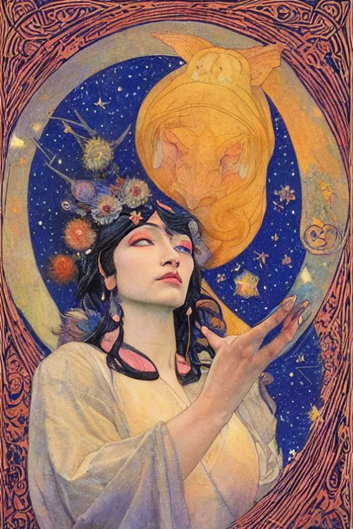 Image similar to queen of the moon with stars in her hair, by nicholas roerich and annie swynnerton and donato giancola and dulac, dramatic lighting, god rays, geometric tattoos, rich colors, smooth sharp focus, extremely detailed, leo and diane dillon, adolf wolfli