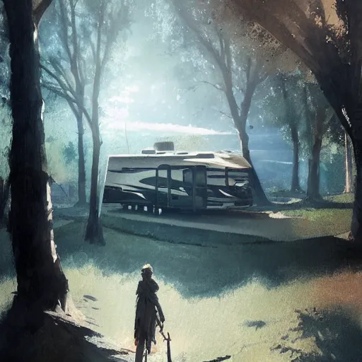 Prompt: an rv under a cottonwood tree, dramatic lighting, illustration by greg rutkowski, yoji shinkawa, 4 k, digital art, concept art, trending on artstation