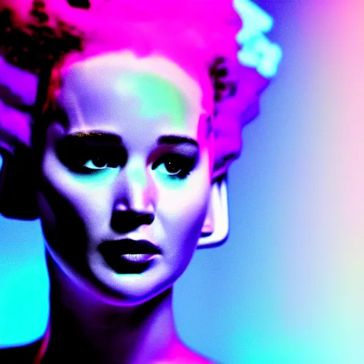 Image similar to jennifer lawrence as the bride of frankenstein, macro photography, glowing retinas, vaporwave