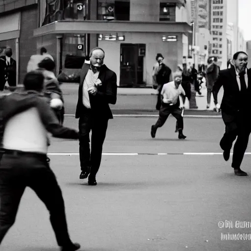 Image similar to Alex jones being chased by men in suits, scared, anxiety, paranoia, photo, 35mm, black and white