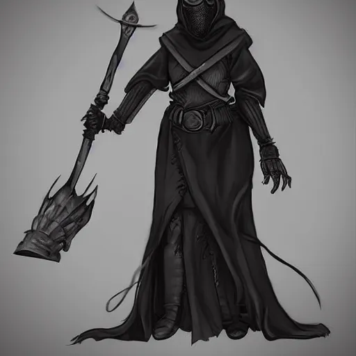 Image similar to female plague doctor donning a black hood, steel knightly armor and a white armored crow mask, trending on artstation