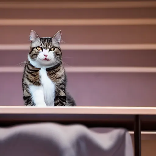 Image similar to ultra hd 8 k photo of a sad cat alone on a big opera stage