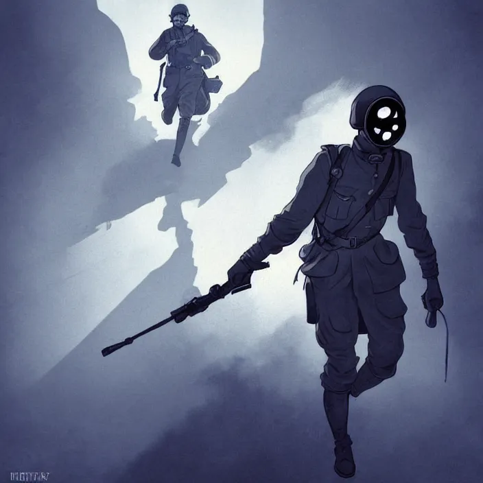 Prompt: ww 1 german soldier with gas mask running towards us, dark blue mood, epic lighting, in the style of artgerm and charlie bowater and atey ghailan and mike mignola, vibrant colors and hard shadows and strong rim light, comic cover art, plain background, trending on artstation