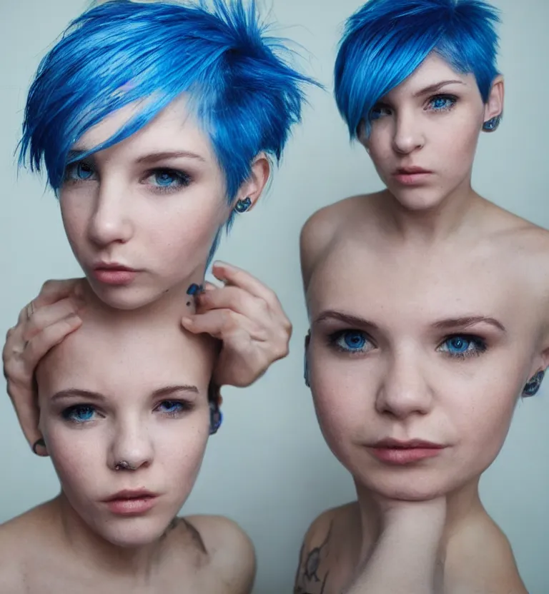 Prompt: photo of young cute punk woman with blue pixie cut, hyper detailed