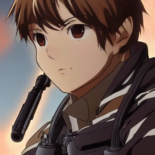 Prompt: Anime military EOD protagonist with light brown hair and brown eyes, Key Still, character design, full body shot