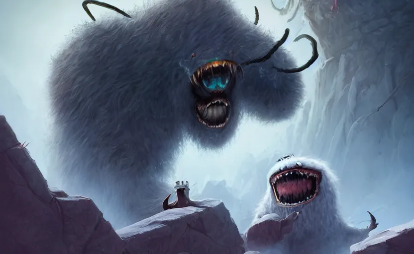 Prompt: yeti monster with spider eyes and a maw of sharp teeth, Jordan Grimmer, Noah Bradley