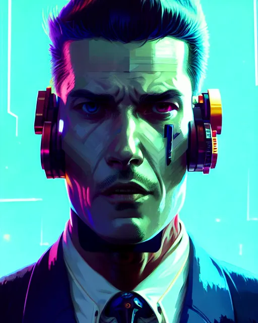 Image similar to cyberpunk synth, hyper - realistic portrait of a man in a suit with detailed background, cyberpunk, intricate, digital painting, by atey ghailan, by greg rutkowski, by greg tocchini, by james gilleard, by joe fenton, by kaethe butcher, dynamic lighting, gradient light blue, lighting color scheme, sharp focus, grunge aesthetic