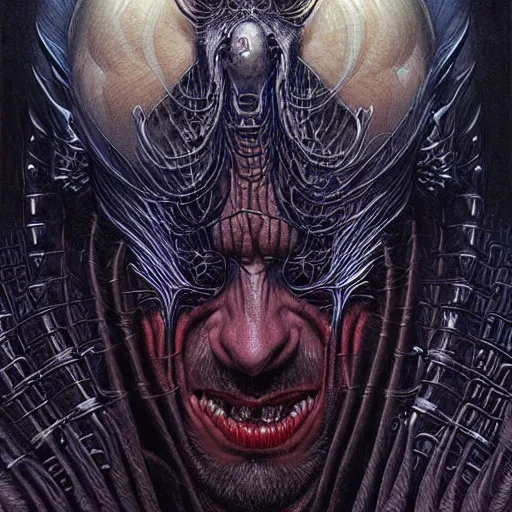 Image similar to hyper detailed masterpiece, black inferno demon vampire portrait jean giraud, digital art painting, darkwave goth aesthetic, creepy, psychedelic, artgerm, donato giancola, tom bagshaw