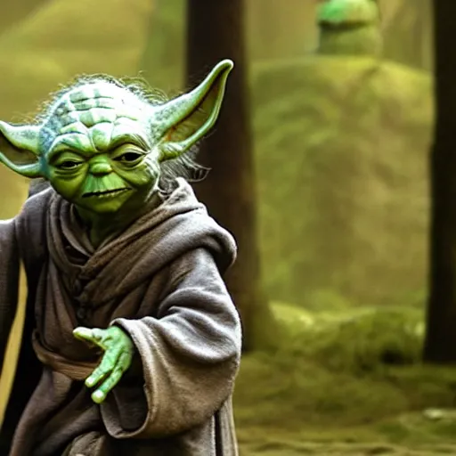 Image similar to Yoda on the set of Lord of the Rings, highly detailed, high quality, HD, 4k, 8k, Canon 300mm, professional photographer, 40mp, lifelike, top-rated, award winning, realistic, sharp, no blur, edited, corrected, trending