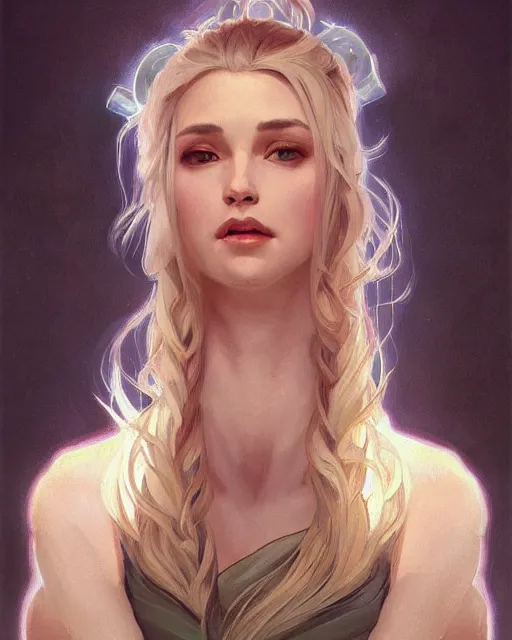 Image similar to '' Portrait of Beautiful blonde Slavic woman in her early 30’s, league of legends, LOL, fantasy, d&d, digital painting, artstation, concept art, sharp focus, illustration, art by greg rutkowski and alphonse mucha ''