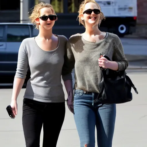 Prompt: Jennifer Lawrence and Jennifer Lawrence walking down the street, holding hands, smiling,