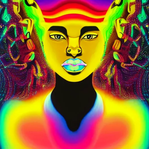 Prompt: closeup portrait of a black woman with yellow eyes and a rainbow background, digital art by tomokazu matsuyama, by ed paschke, by agnes pelton, by patrick nagel, behance contest winner, generative art, irridescent, holography, neon, dark art, retrowave, grain, androgynous, black background