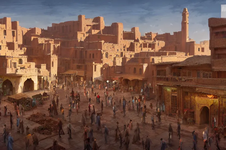 Image similar to in the middle of a adobe house kasbah town, mud and brick houses, merchant street, pueblo dense architecture, colorful crowd. Huge persian temple in a plaza, round roof. Scenic view at night, underexposed, clean horizon, matte painting by craig mullins and dan mumford, dark fantasy, style of game of thrones, concept art trending on artstation, 4k, insane details