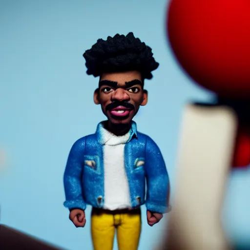 Image similar to a cinematic film still of a claymation stop motion film starring chance the rapper as a college student, shallow depth of field, 8 0 mm, f 1. 8