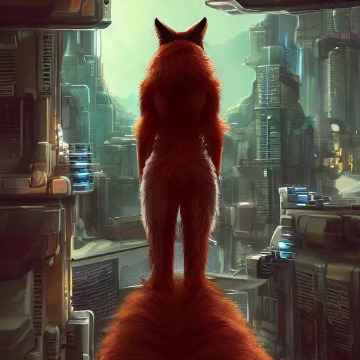 Image similar to an anthropomorphic fox with a fluffy tail staring over a futuristic city from the top of a roof, highly detailed, trending on furaffinity, cyberpunk, backlighting, cartoon