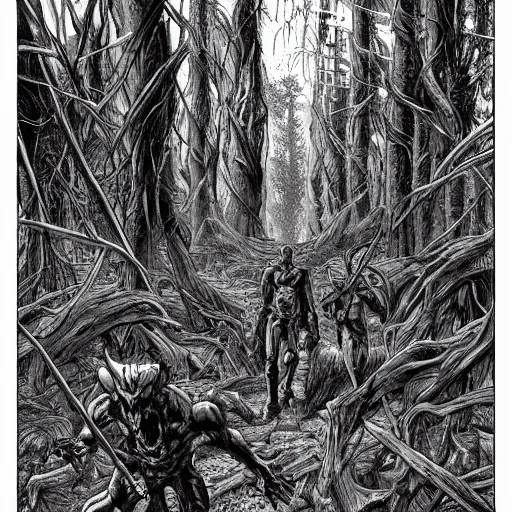 Prompt: sci - fi monster hunters, walking in a flesh and bones forest, hyperdetailed, art liam sharp