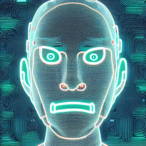 Prompt: reflexion neon cyberpunk voronoi depth fog wires connexion, a face of a virtual cyborg