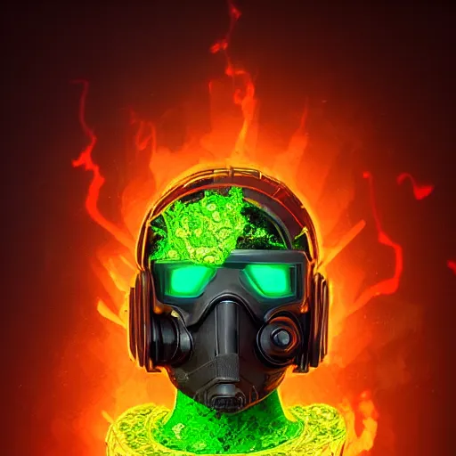 Image similar to helmet cyberpunk made of green lava and fire in borderlands 3 style, pconcept art character modeling, body made of green lava and fire, marvelous designer, z brush, maya, digital 3 d, 4 k, epic size, epic scale, ultra detailed digital art, furry art, macro art, deviantart, realistic