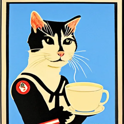 Image similar to british cat sipping on tea, propaganda poster