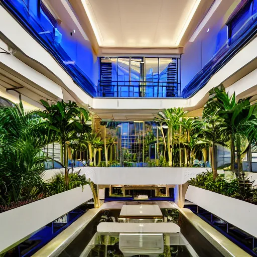 Image similar to The atrium of a refurbished contemporary building filled with tropical plants, blue hour, 4k,