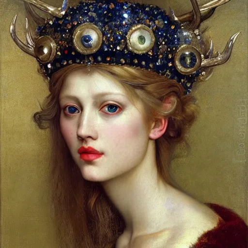 Image similar to a detailed portrait of a blonde haired blue eyed queen of glitter with an antler crown by edgar maxence and caravaggio and michael whelan and delacroix