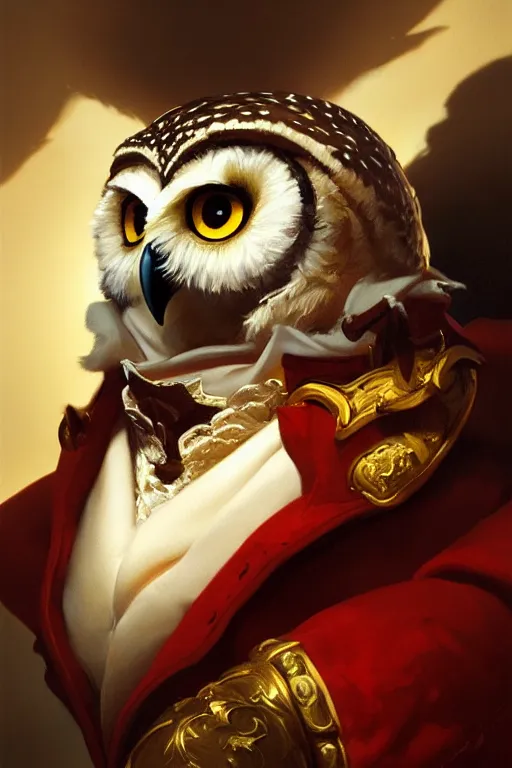 Image similar to portrait of an anthropomorphic owls as napolean bonaparte, dramatic lighting, highly detailed, digital painting, artstation, concept art, smooth, sharp focus, illustration, art by wlop, mars ravelo and greg rutkowski