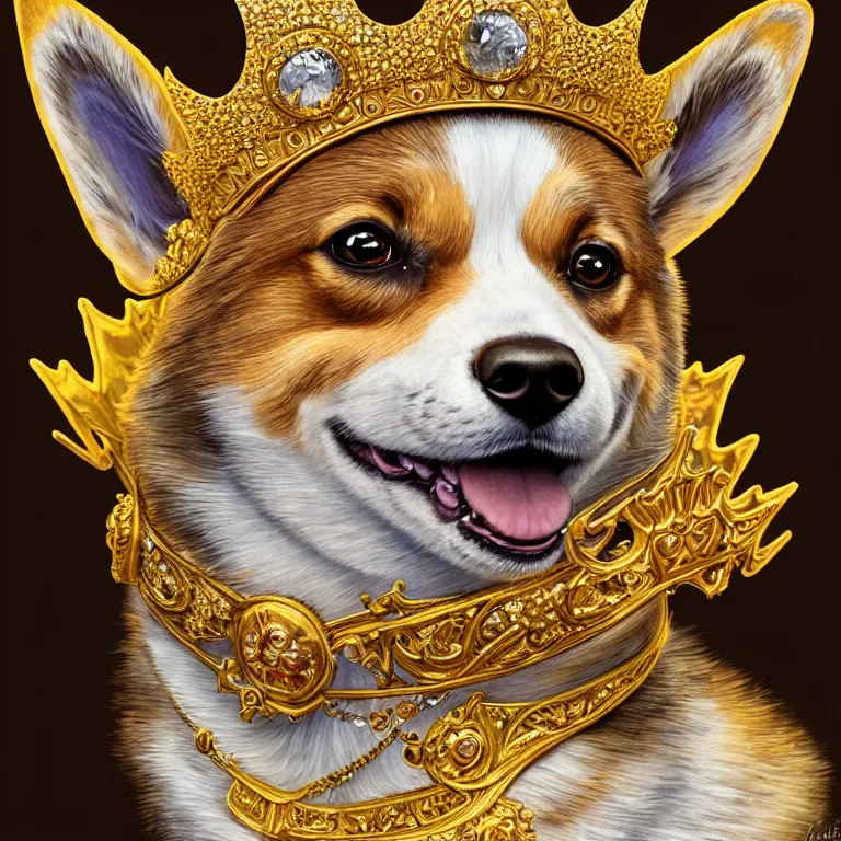 Prompt: highly detailed illustration of a portrait of a regal corgi wearing a jeweled golden crown, artstation, cinematic lighting, hyperdetailed, cgsociety, 8k, high resolution, by John Philip Falter, Art Nouveau, insanely detailed and intricate