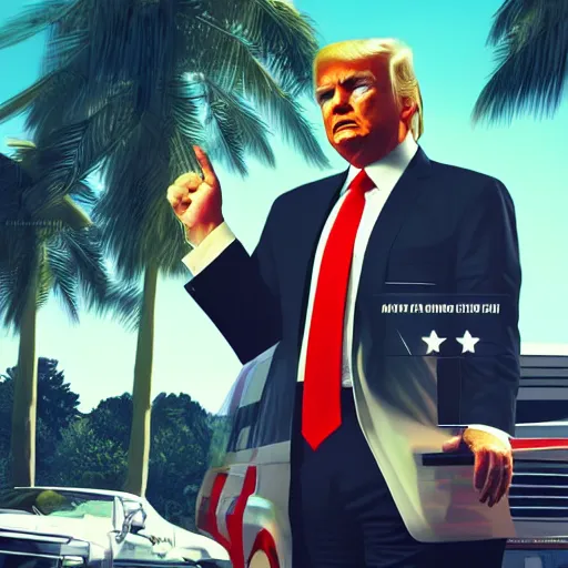 Image similar to donald trump, gta v, cover art by stephen bliss, boxart, loading screen, artstation, digital art