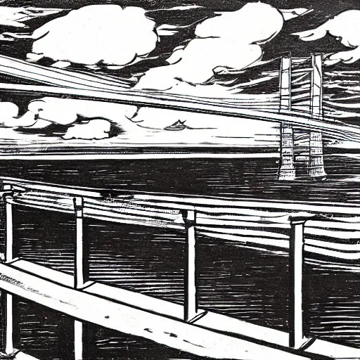 Prompt: steel suspension bridge built in 1 9 2 8, side view, clouds in background, woodcut style,