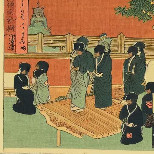 Image similar to late meiji period, colored woodblock print, muslims performing hajj