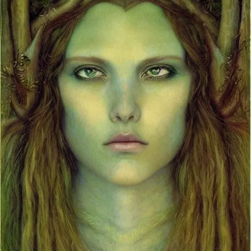 Prompt: a mysterious forest goddess with green eyes and antlers, moodym creepy, portrait, muted colors, highly detailed, intricate artwork, beautiful oil painting by Jean Delville