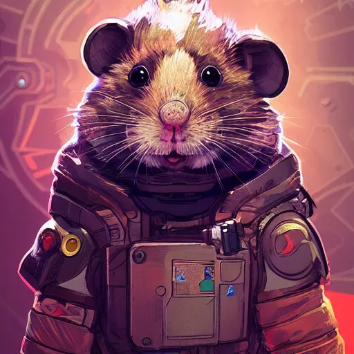 Prompt: crypto hamster as apex legends character, digital illustration portrait design, by android jones and greg rutkowski, retrowave color scheme, detailed, cinematic lighting, wide angle action dynamic portrait