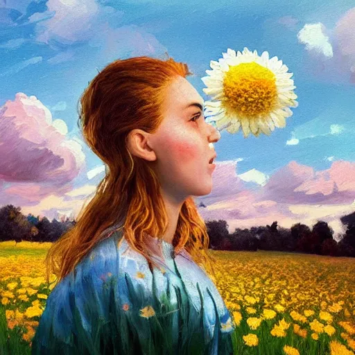 Image similar to girl with a giant daisies head, surreal photography, flower field, sunset dramatic light, impressionist painting, colorful clouds, blue sky, digital painting, artstation, simon stalenhag