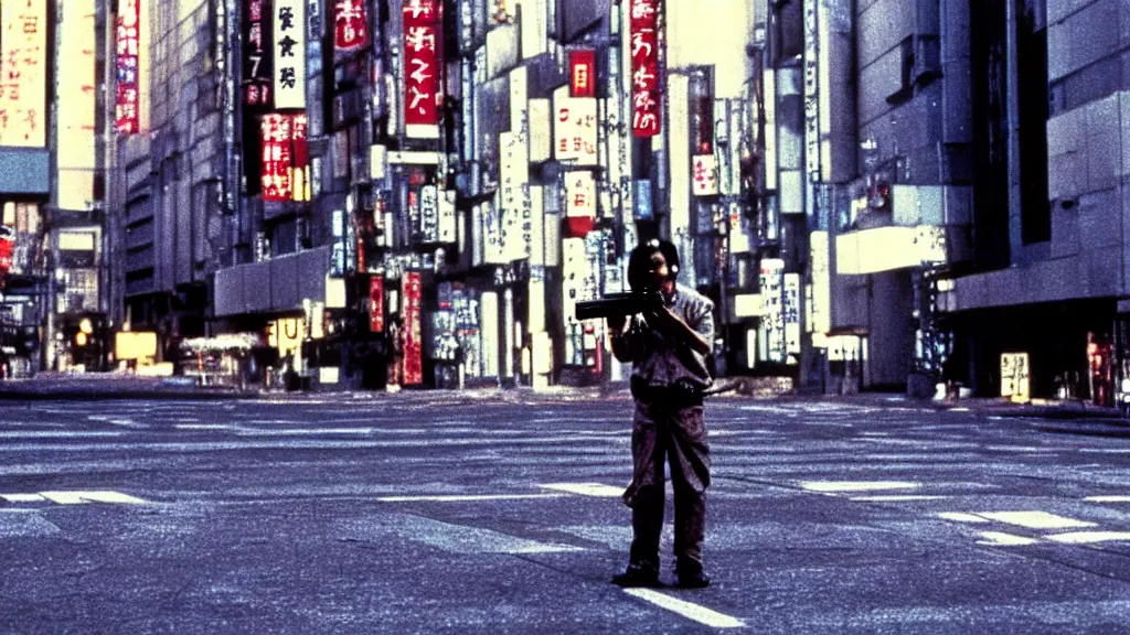 Image similar to a strange creature floating alone on an empty street in downtown Tokyo with a gun, film still from the an anime directed by Katsuhiro Otomo with art direction by Salvador Dalí, wide lens