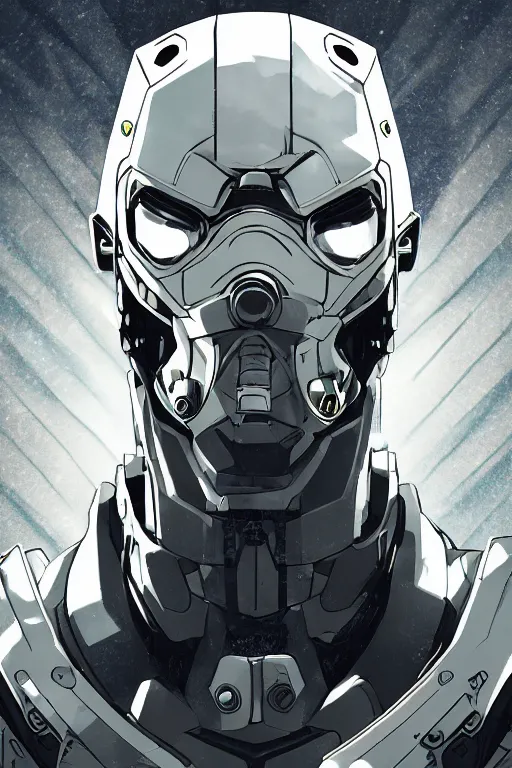 Image similar to cyber cyborg ninja mask helmet metal gear solid artic suit swat commando, global illumination ray tracing hdr fanart arstation by sung choi and eric pfeiffer and gabriel garza and casper konefal, a spectacular view cinematic rays of sunlight comic book illustration, by john kirby