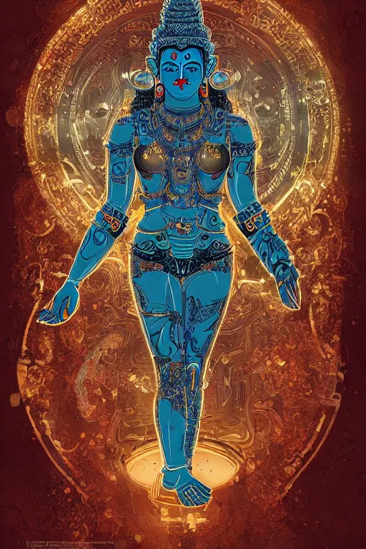 Image similar to a study of cell shaded illustration of a neofuturistic ornate cyborg robot fu manchu buddha with a big belly dancing like shiva, golden ratio, post grunge screen print poster, character concept art by Miles Tsang, highly detailed, sharp focus, motherboard, Artstation, deviantart, artgem