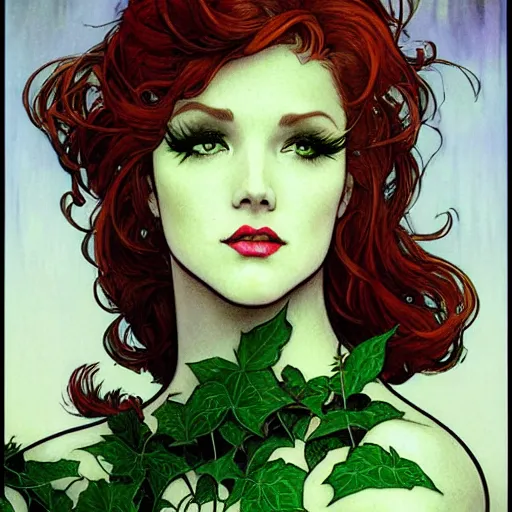 Prompt: a beautiful painting of poison ivy dressed as a lawyer in the big city, dark eyeliner, intricate, elegant, highly detailed, digital painting, artstation, concept art, matte, sharp focus, illustration, art by rebecca guay and by arthur rackham and by alphonse mucha and by john william waterhouse