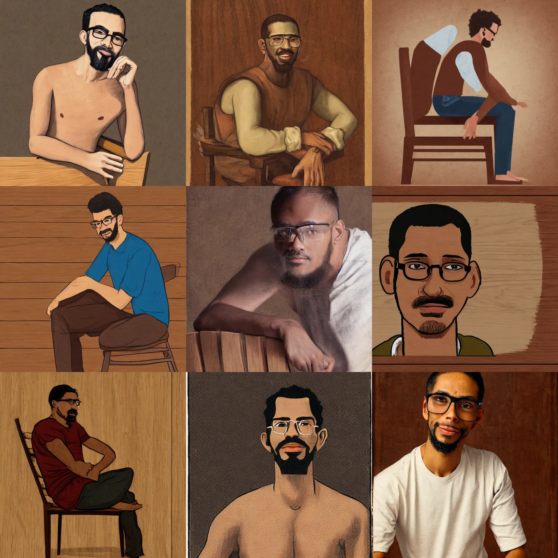 Prompt: 3 / 4 view portrait of a latino skinny young man, brown skin, wavy short hair, goatee, wearing glasses, straight nose, seated on wooden chair, close up, light brown background, as an ilustration from 1 4 9 3