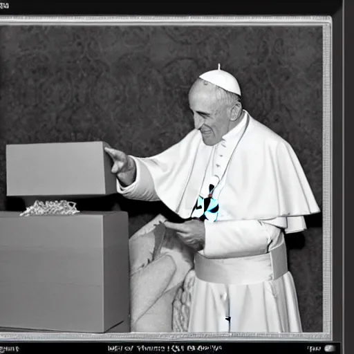 Prompt: the pope opening a box, award winning photo, 1956, colored in photoshop