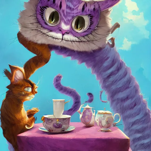 Image similar to cheshire cat drinking tea, by cory loftis, character art, very coherent, exquisite lighting, whimsical background, lighthearted, soft painting, masterpiece